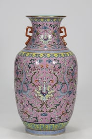 A Qing Qianlong era rouge gouache dragon treasure phase flower pattern amphora