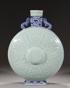 A Qing Qianlong blue and white entwined flower pink and blue eight treasure amphora moon vase