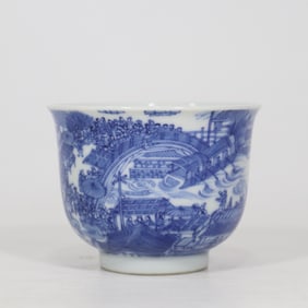 A blue and white Qingming Shanghe Tu cup made in the Qing Yongzheng year
