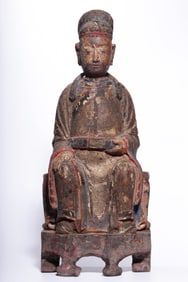 A Qing Dynasty wood carving lacquer statue of Emperor Wenchang