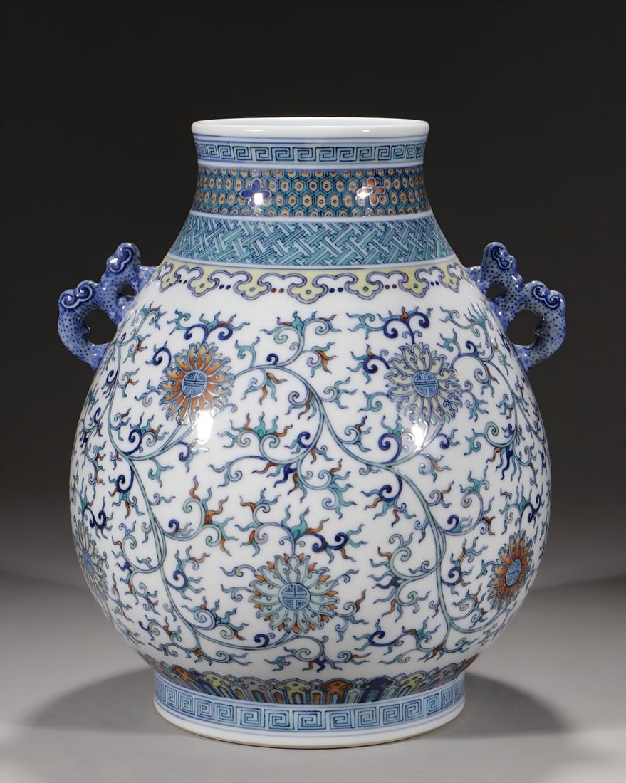 A Qing Qianlong Doucai Entwined Lotus Amphora Blessing Tube: Qing Qianlong Doucai entwined lotus amphora blessing tube veneration SIZE: H:33.8cm (The Dimensions Of All Batches Are Manually Measured.If You Need More Detailed Information, Please Contact Our Custo