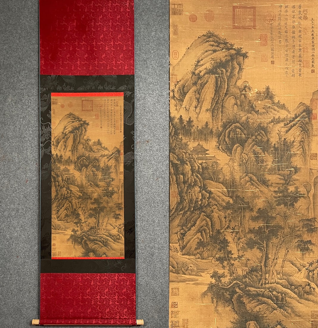 A landscape painting of Wang Meng on silk: Wang Meng silk book landscape map SIZE: 52x116cm (The Dimensions Of All Batches Are Manually Measured.If You Need More Detailed Information, Please Contact Our Customer Service Before Bidding.)