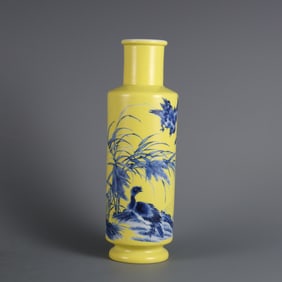 A yellow-glazed blue-and-white reed goose picture stick bottle from the Republic of China period