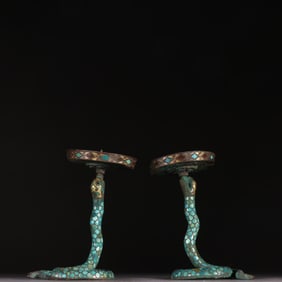 A pair of turquoise snake lamps embedded in a Han bronze vessel