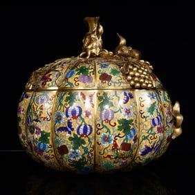 A Qing Dynasty pumpkin-shaped cloisonné stove box