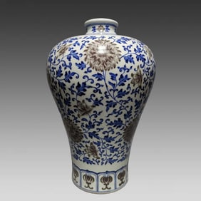 A blue and white glazed red entwined lotus plum bottle made in the Qianlong period of the Qing