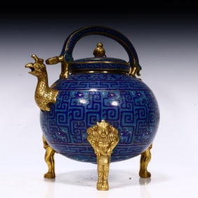 A cloisonné beast-footed phoenix bird lifting pot