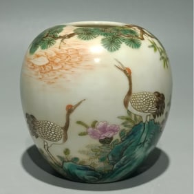 A piece of Qing Qianlong model pastel pine crane poetry and literature study brush wash