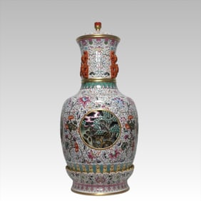 A Qing Qianlong model enamel colorful lotus mushroom pattern four-sided hollow cloud pine birthday
