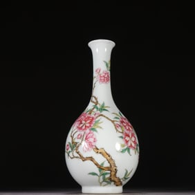 A Qing Dynasty pastel peach blossom poetry vase