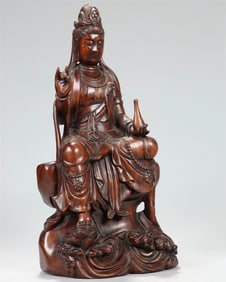 A beautiful Huanghuali wood carved clean vase statue of Guanyin