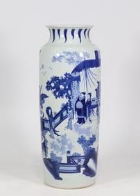 A Chongzhen year blue and white character story tube bottle