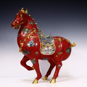 A Qing Dynasty cloisonné red Tang horse