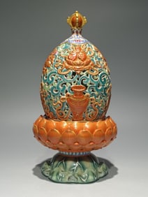 A piece of Qing Qianlong model enamel carved hollow lotus support eight ji incense burner