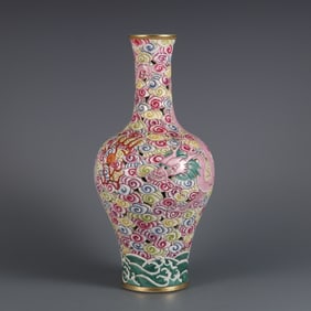 A pastel carved Canglong godson hollow appreciation vase made in the Qianlong period of the Qing