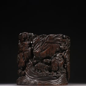 A Qing Dynasty agarwood landscape character pen holder
