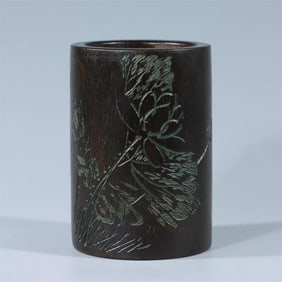 A Qing Dynasty Qi Nan agarwood ginger fishing lotus leaf poetry pen holder