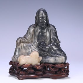 A piece of Qing Hetian jade blue and white seed material Fuhu Luohan pendulum