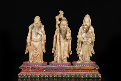 A group of Shoushan stone carvings Fulu Shou three stars