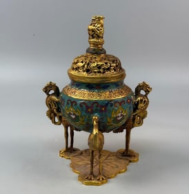 A Qing Dynasty copper gilt cloisonné enamel cloisonné three-crane furnace