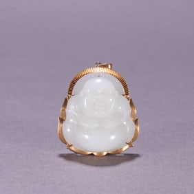 A piece of Hetian jade seed pack pure gold Maitreya Buddha pendant