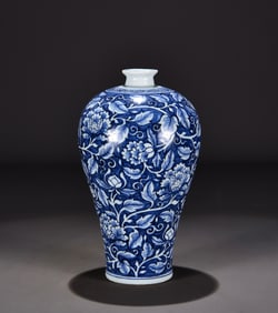 A Yuan Dynasty blue and white entwined peony pattern plum vase