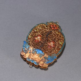 A Qing Dynasty silver-gilt cloisonné burnt blue fasting card