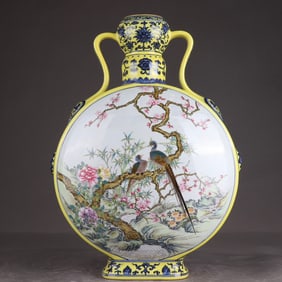 A Qing Qianlong yellow ground blue and white entwined lotus window enamel flower and bird flat vase
