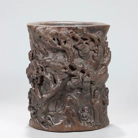 A Qing Dynasty agarwood carving with a piano to visit friends in the study pen holder