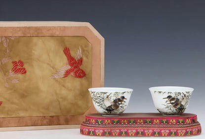 A pair of Qing Qianlong pastel heron pattern cups