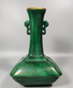 A peacock green glaze square bottle from the Qing Dynasty