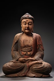 A treasure ancient temple collects painted wooden Buddha statues of Shakyamuni Buddha