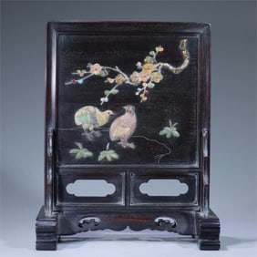 A small-leaved rosewood inlaid with multi-treasure quail poetry seat screen in the Qing Dynasty