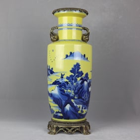 A yellow blue and white landscape inlaid copper pomegranate amphora mallet bottle