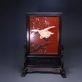 A Qing Dynasty rosewood inlaid snail gilt "happy on the branch" screen