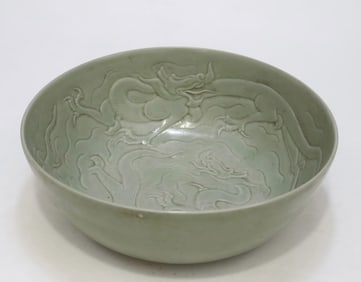 A large circle with dragon pattern in relief carving of Yue kiln celadon in the Southern Song