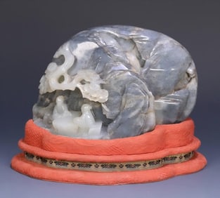 A Qing Dynasty Hetian jade blue and white seed material character story mountain ornament