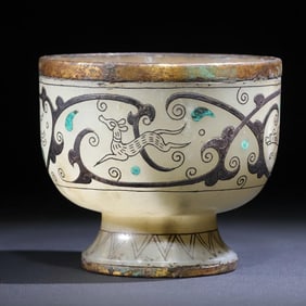 A Qing Dynasty Hetian jade silver gilt inlaid H: a foot cup ceremonial vessel