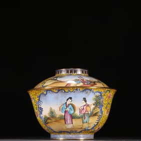 A Qing copper tire painting enamel window story gaiwan