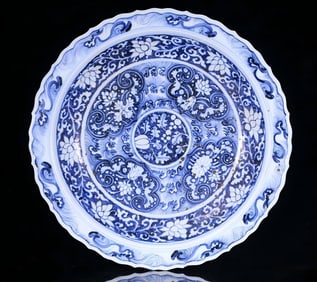 A bright blue and white entwined floral pattern appreciation plate