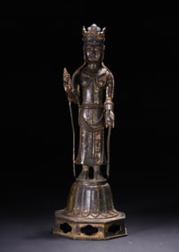 A copper-lacquered gold Guanyin standing ornament