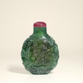 A Qing Dynasty blue and green two-color figure small scene snuff bottle with rubellite cigarette