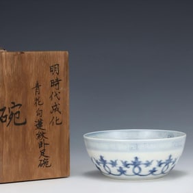 A Daming Chenghua blue and white lotus pattern lying foot bowl