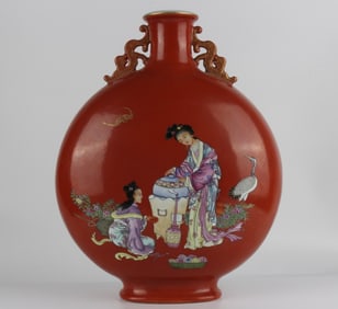 A Qing Qianlong coral red background pastel figure holding the moon