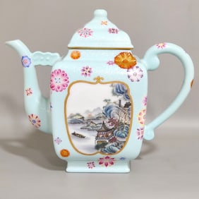 A Qing Dynasty Qianlong Zhadao leather ball flower window landscape teapot