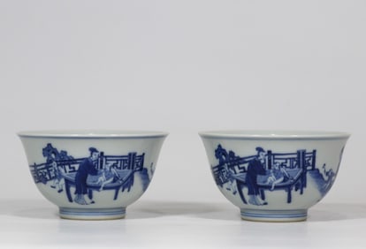 A pair of Qing Kangxi year blue and white Sanniang godson tea bowl cup