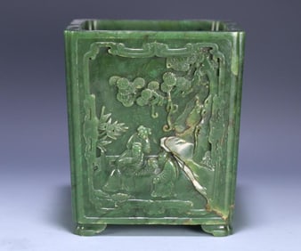 A Qing Dynasty Xinjiang Hetian jasper open-window relief character story pen holder