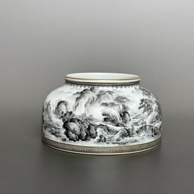 A piece of Yongzheng imperial ink color with gold pattern edge landscape pavilion horseshoe wash