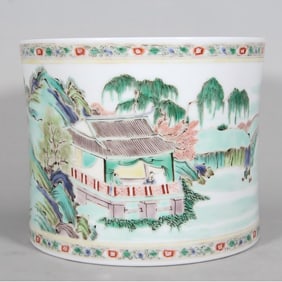 A Qing Kangxi colorful landscape character pen holder