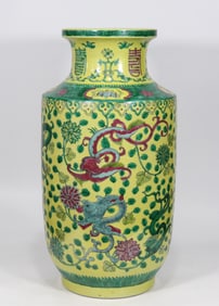 A yellow background Doucai entwined dragon worn flower mallet bottle made in the Qianlong period of